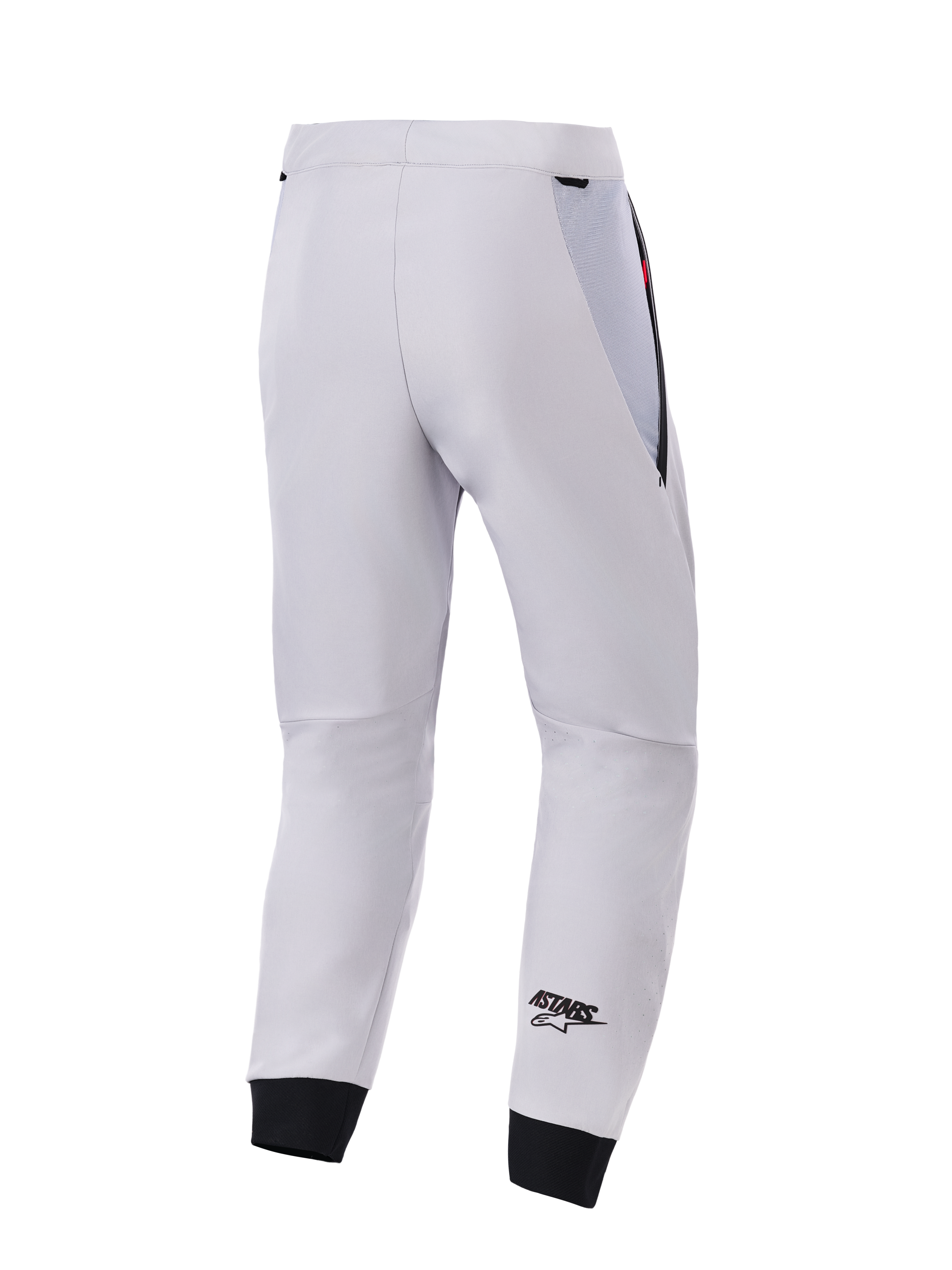 Alpinestars Aeroshell Airflow Pants, vista trasera, gris medio, pantalones técnicos de motociclismo de softshell, con paneles de malla negra en la cadera y puños elásticos, logotipo ASTARS negro en la parte inferior de la pierna, diseño deportivo ligero y ventilado