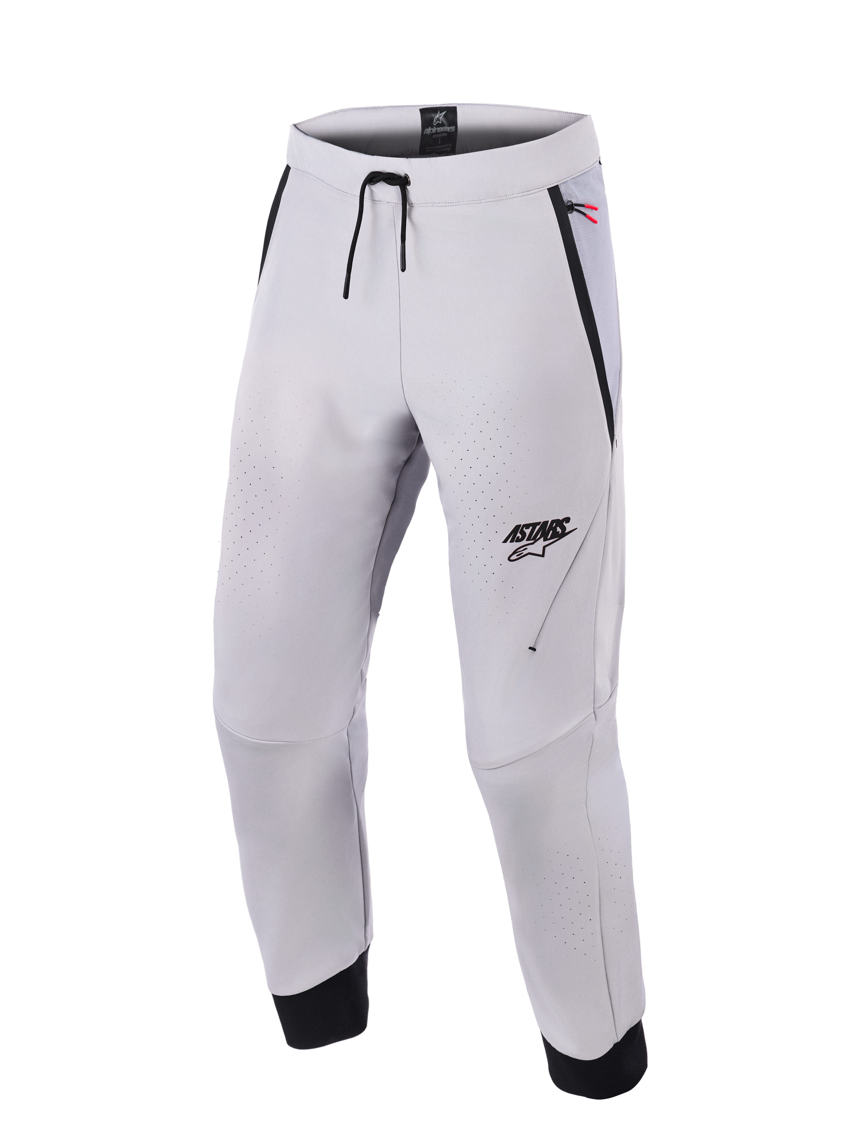 Pantalones Alpinestars Aeroshell Airflow, pantalones de moto en color gris medio, con zonas de ventilación perforadas con láser, logotipo ASTARS en el muslo izquierdo, cintura con cordón ajustable y puños negros en los tobillos, diseño técnico de softshell para conducción deportiva y urbana