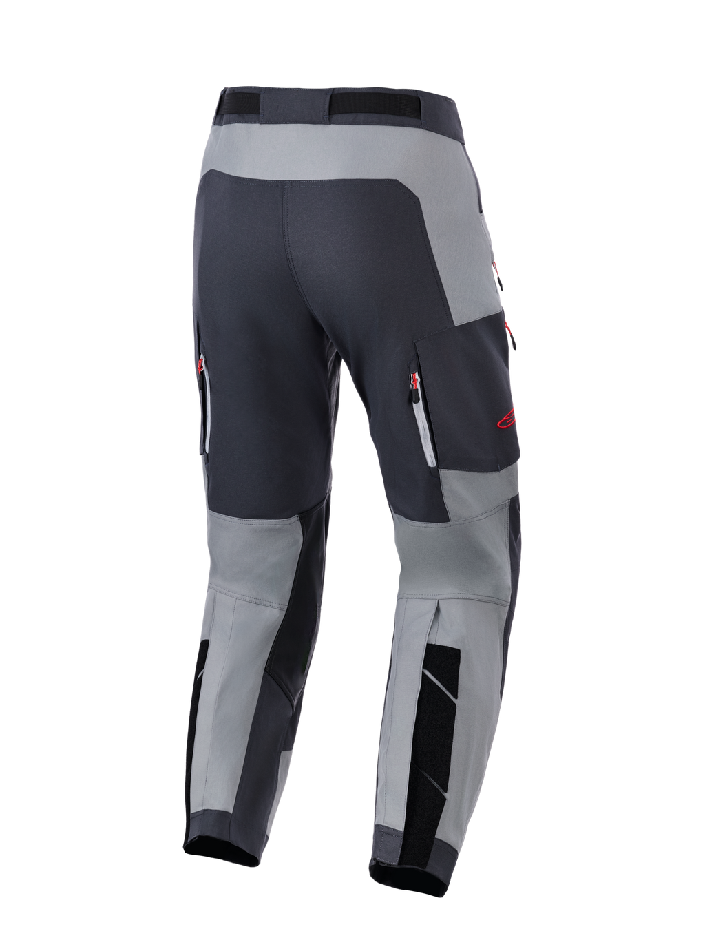 Alpinestars Maxdura Dual Pants, pantalones de motociclismo de aventura, gris oscuro y gris profundo, vista trasera que muestra el área del asiento reforzada y bolsillos de ventilación con cremallera y detalles rojos, diseñados para rendimiento dual-sport