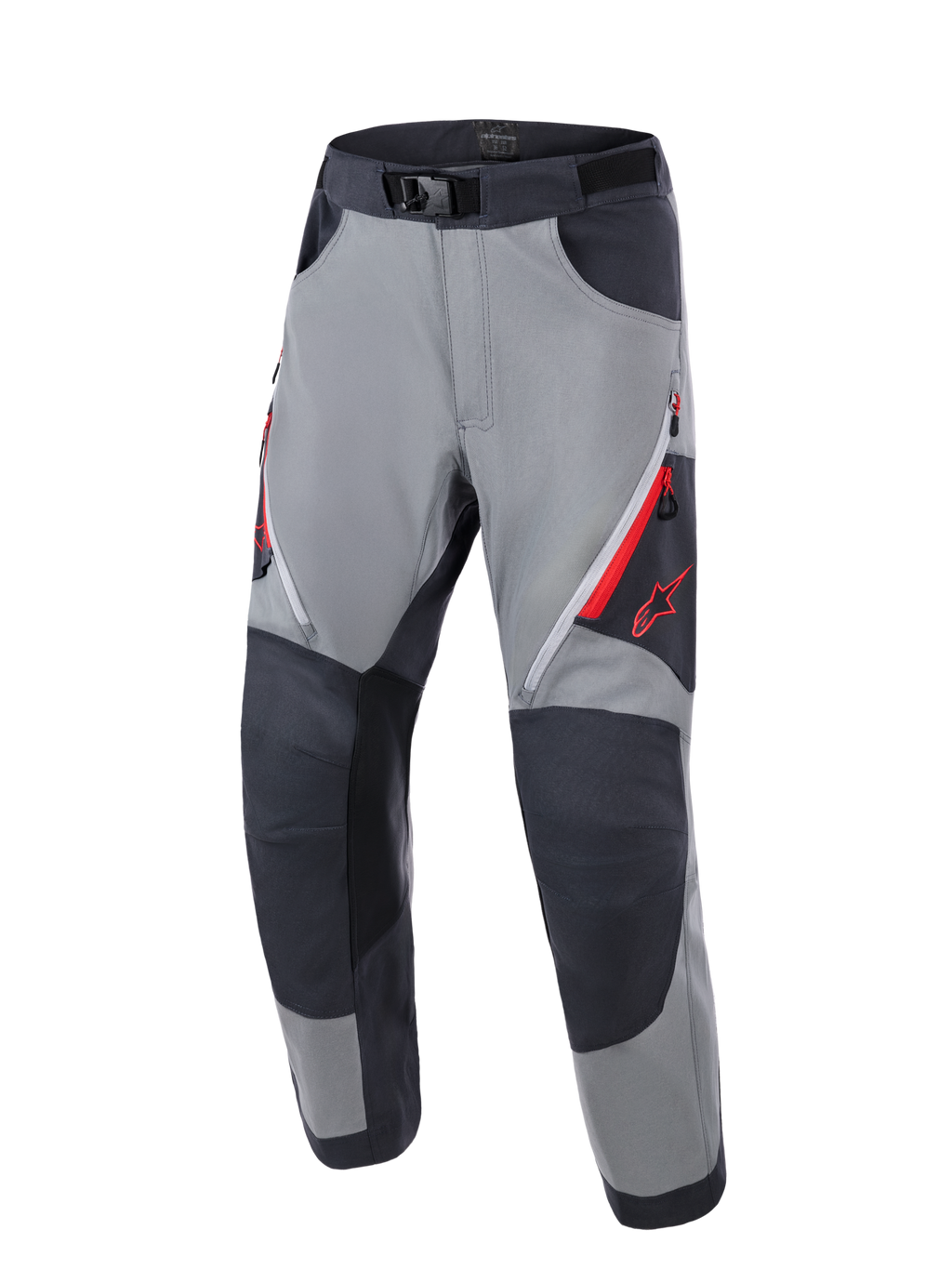 Pantalones Alpinestars Maxdura Dual, pantalones de motociclismo de aventura, en gris oscuro y gris intenso, con paneles de rodilla reforzados en gris oscuro, ventilaciones con cremallera roja en los muslos, logotipo Astars rojo en el muslo y cinturón de cintura ajustable con hebilla magnética, diseñados para conducción dual-sport