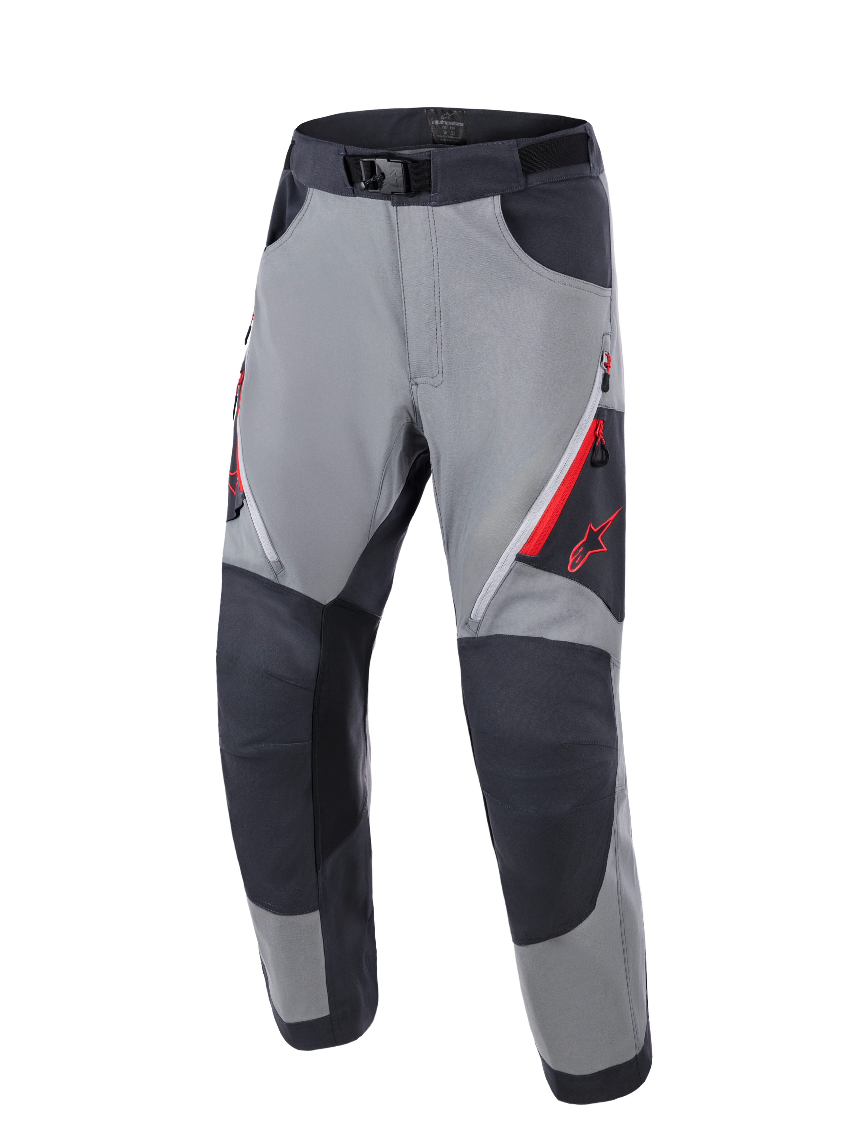 Pantalones Alpinestars Maxdura Dual, pantalones de motociclismo de aventura, en gris oscuro y gris intenso, con paneles de rodilla reforzados en gris oscuro, ventilaciones con cremallera roja en los muslos, logotipo Astars rojo en el muslo y cinturón de cintura ajustable con hebilla magnética, diseñados para conducción dual-sport