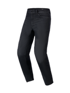 Alpinestars Flex-AST 5 Denim Pants, pantalones vaqueros de moto, negro lavado, corte cónico regular, diseño de cinco bolsillos con trabillas para cinturón, tejido denim elástico, equipamiento protector urbano para moto