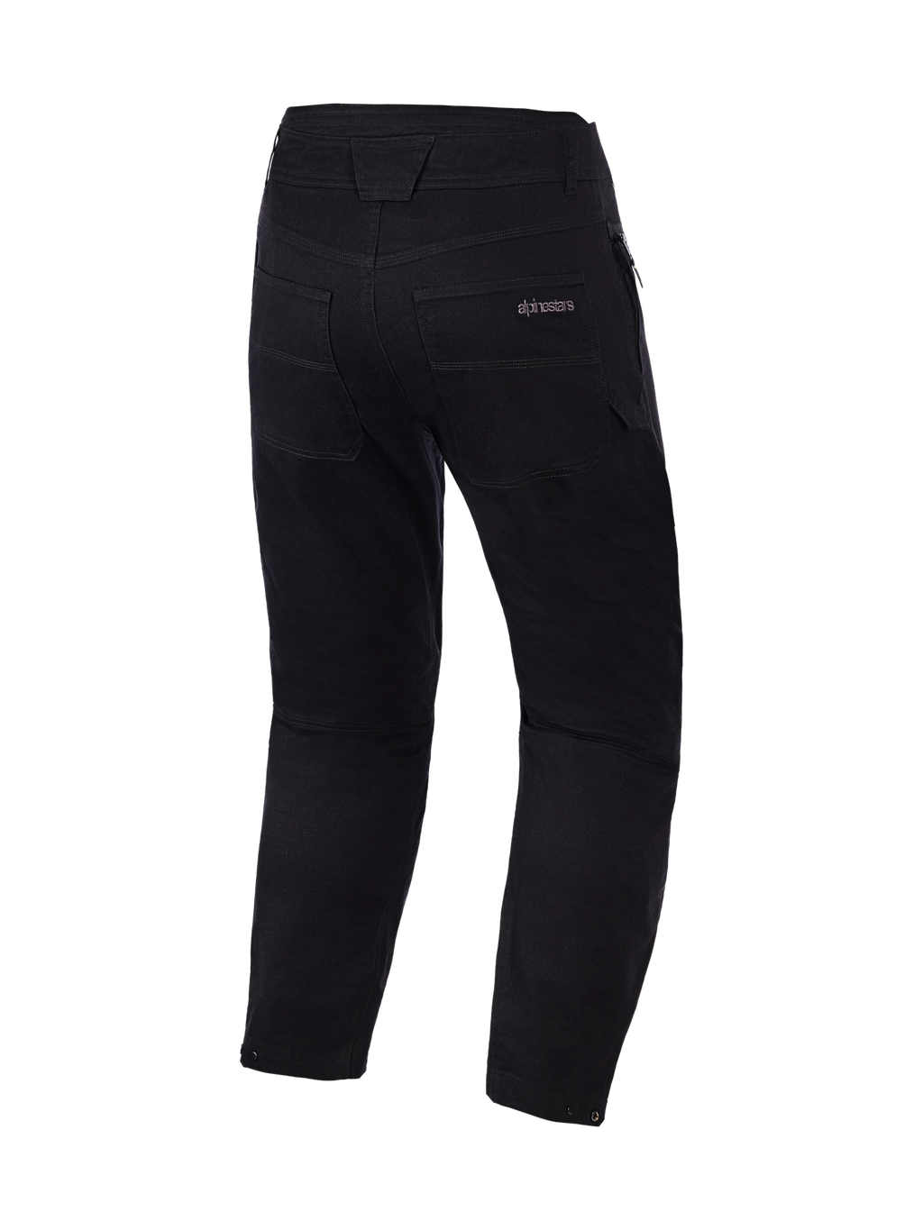Alpinestars Flex-AST Canvas Pants Short, negros, vista trasera que muestra los bolsillos traseros y detalles de la cintura, estilo urbano limpio para moto con marca sutil de Alpinestars en el bolsillo, tejido de sarga de policotón duradero