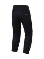 Alpinestars Flex-AST Canvas Pants Short, negros, vista trasera que muestra los bolsillos traseros y detalles de la cintura, estilo urbano limpio para moto con marca sutil de Alpinestars en el bolsillo, tejido de sarga de policotón duradero