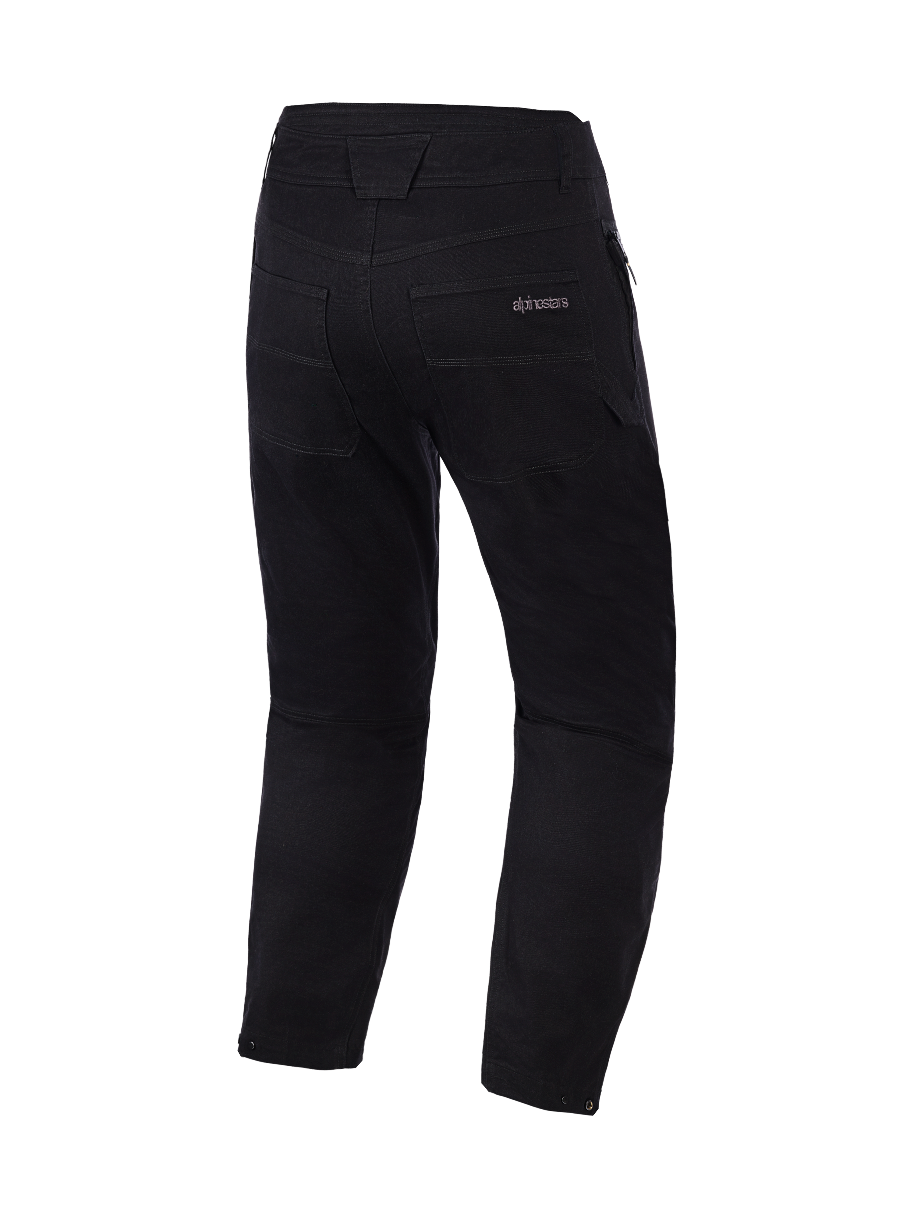 Alpinestars Flex-AST Canvas Pants Short, negros, vista trasera que muestra los bolsillos traseros y detalles de la cintura, estilo urbano limpio para moto con marca sutil de Alpinestars en el bolsillo, tejido de sarga de policotón duradero
