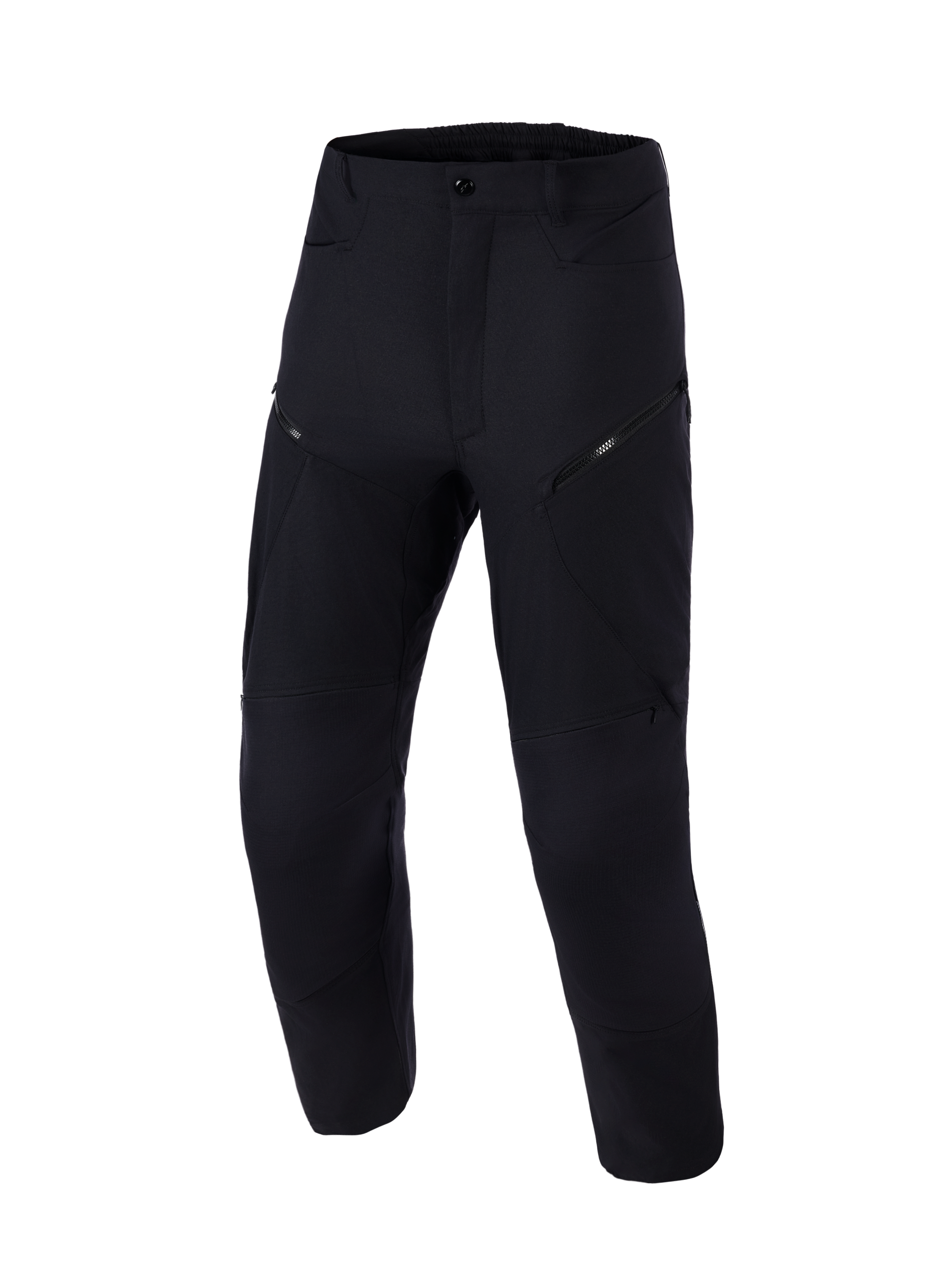Alpinestars Explore AST Pants Short, Black, casual outdoor pants with zippered thigh pockets, tapered fit, reinforced knee stitching, modern minimalist design