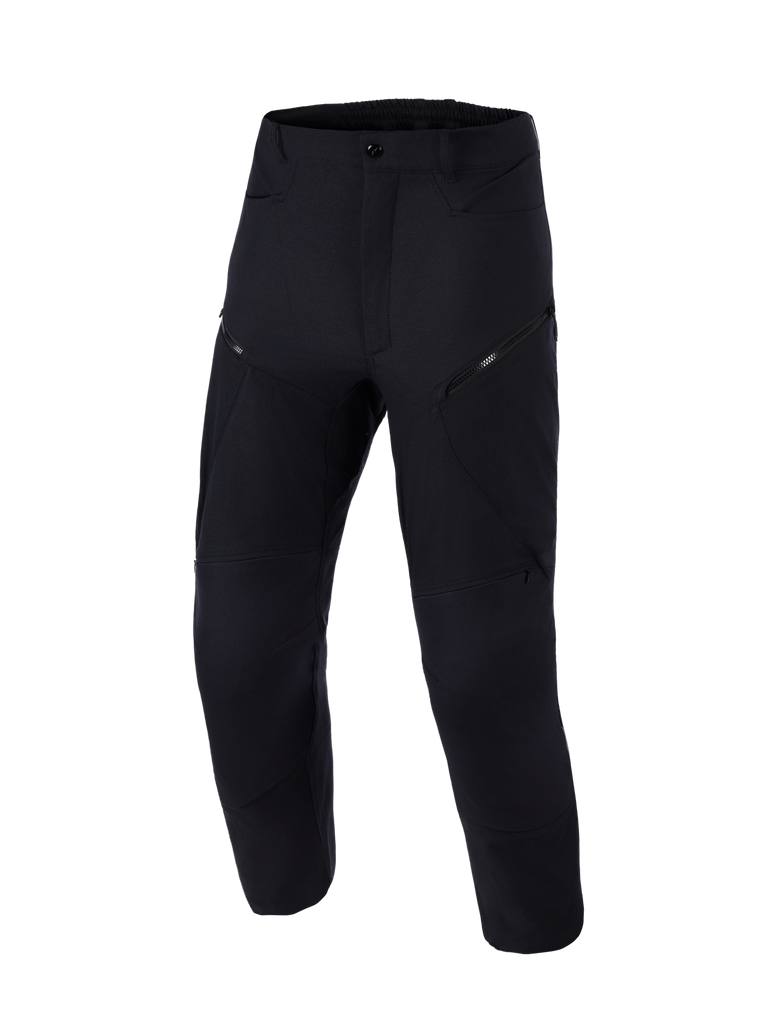 Alpinestars Explore AST Pants Short, Black, casual outdoor pants with zippered thigh pockets, tapered fit, reinforced knee stitching, modern minimalist design