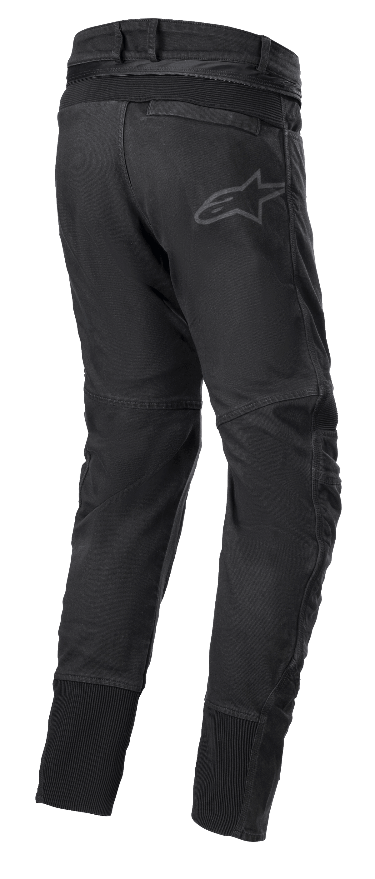 Pantalones Alpinestars SP Pro, pantalones técnicos deportivos para moto en color negro, vista trasera que muestra la cremallera de conexión en la cintura, inserciones elásticas RIDEKNIT en el canesú trasero y las pantorrillas, y logotipo sutil.