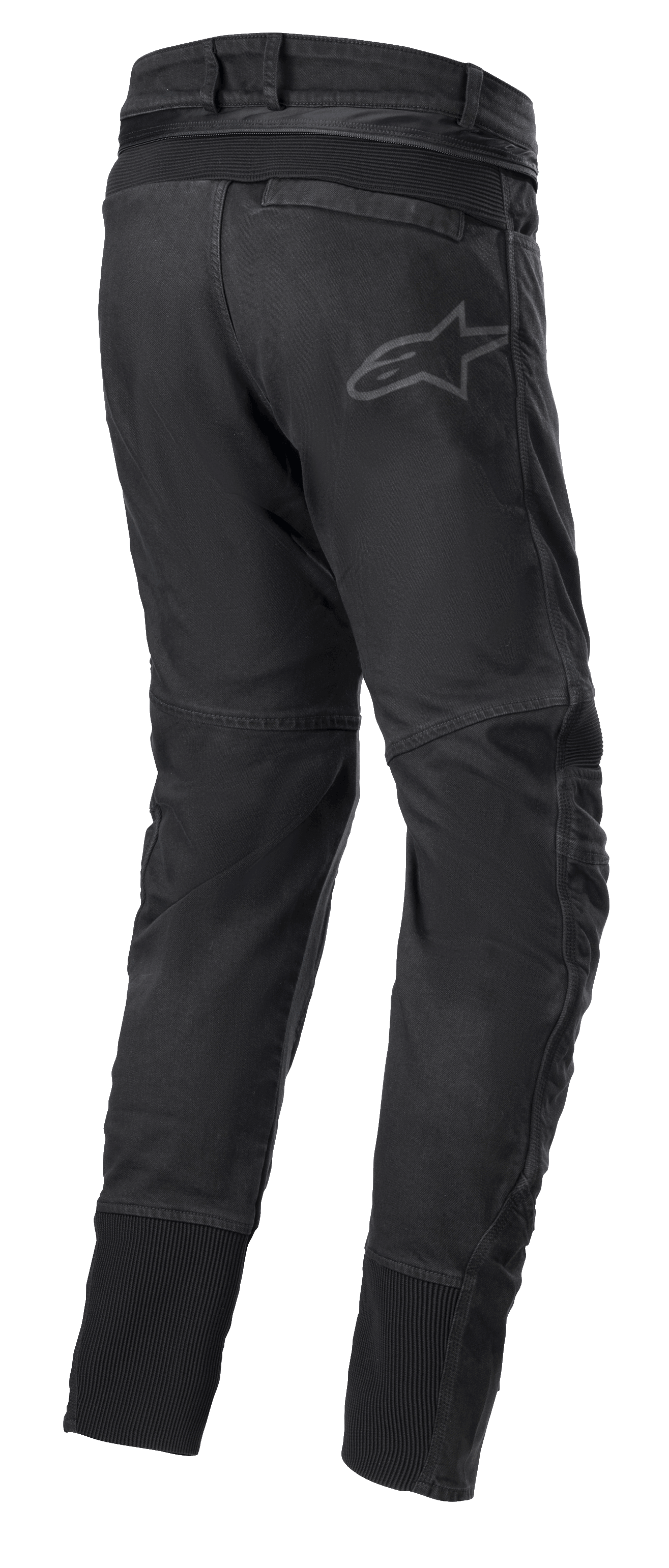 Pantalones Alpinestars SP Pro, pantalones técnicos deportivos para moto en color negro, vista trasera que muestra la cremallera de conexión en la cintura, inserciones elásticas RIDEKNIT en el canesú trasero y las pantorrillas, y logotipo sutil.