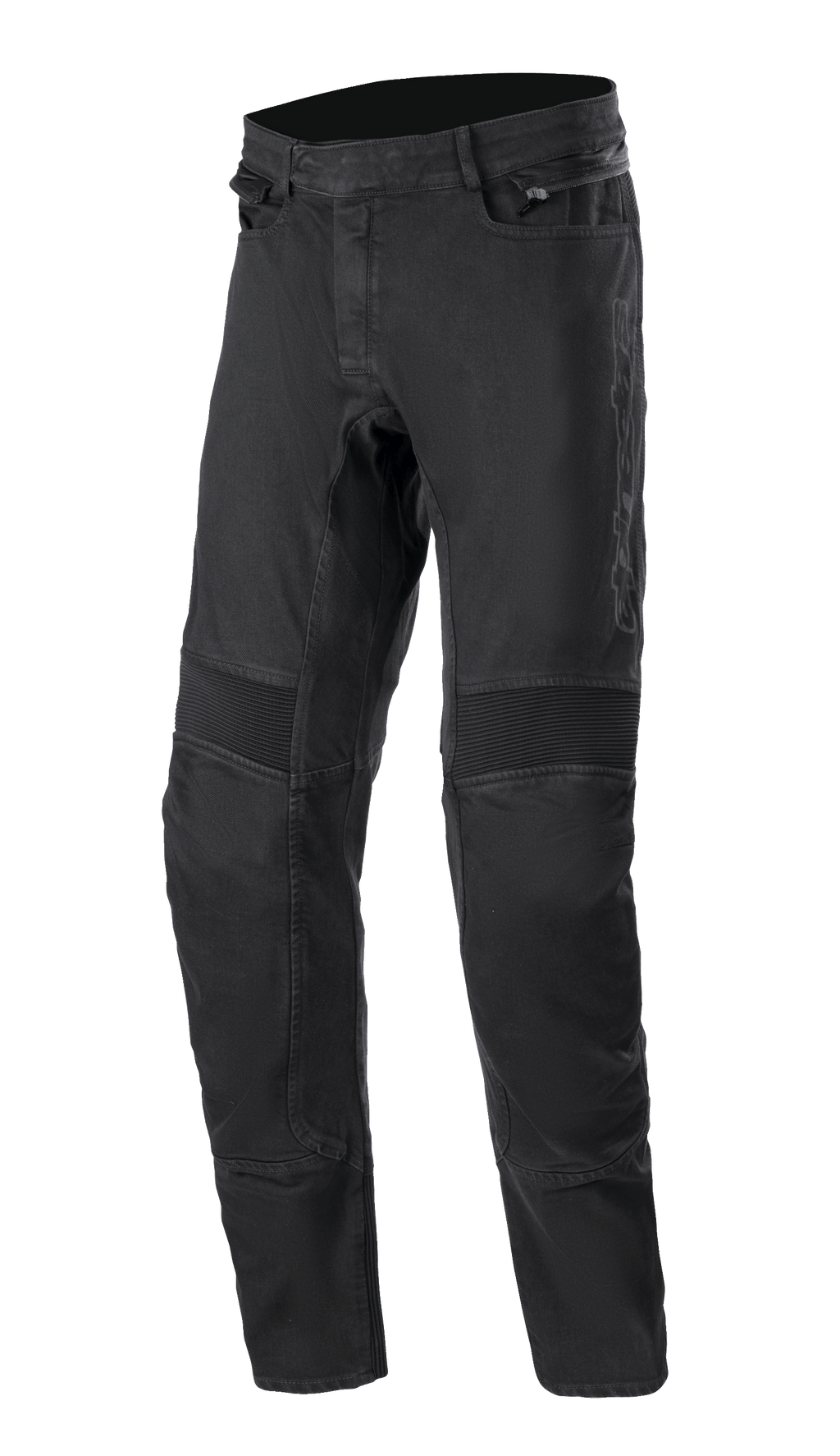Alpinestars SP Pro Pants, pantalones técnicos para motociclismo, negros, denim elástico de corte ajustado con paneles de acordeón acanalados en las rodillas, bolsillos laterales con cremallera y costuras triples duraderas.