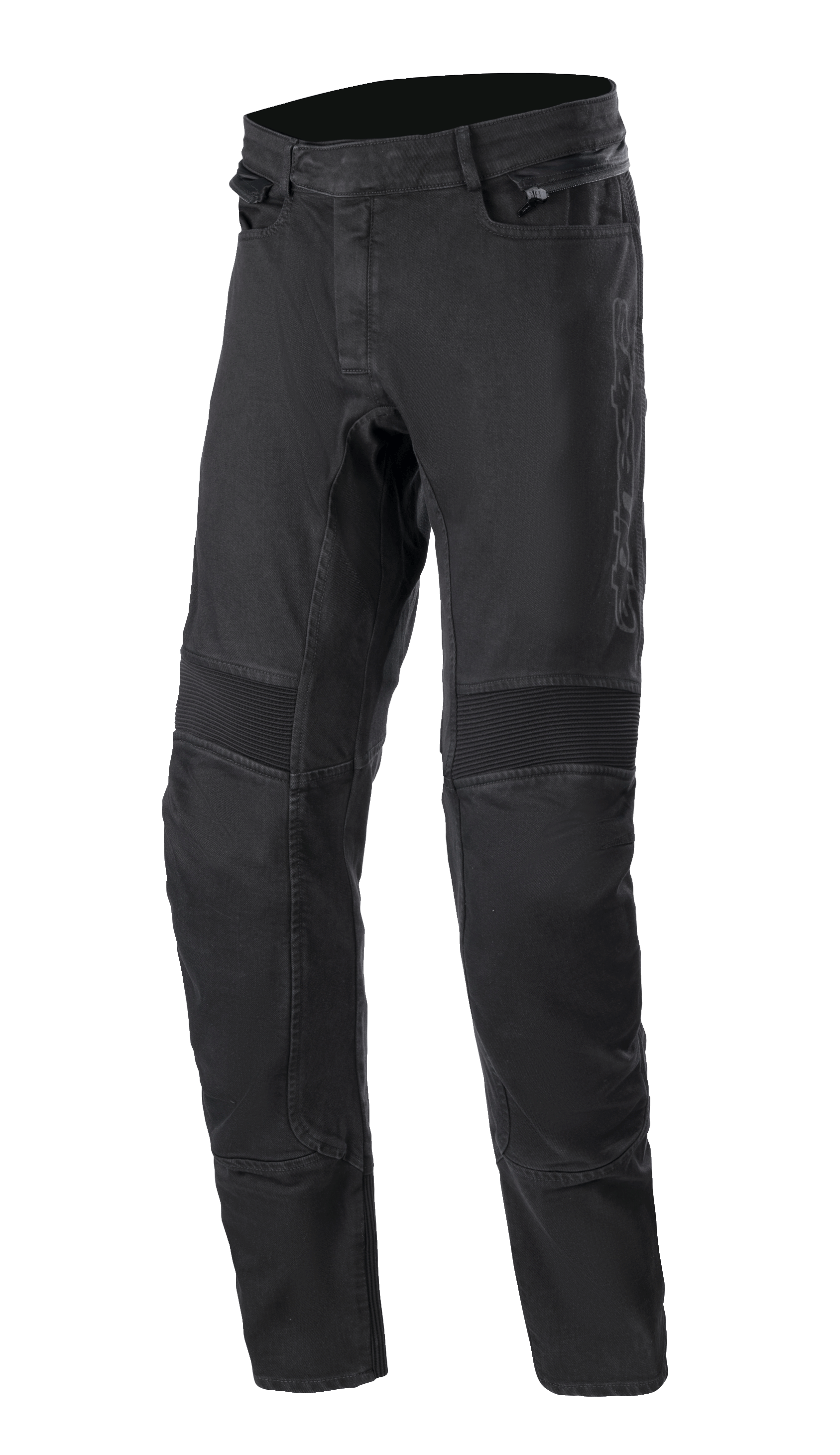 Alpinestars SP Pro Pants, pantalones técnicos para motociclismo, negros, denim elástico de corte ajustado con paneles de acordeón acanalados en las rodillas, bolsillos laterales con cremallera y costuras triples duraderas.
