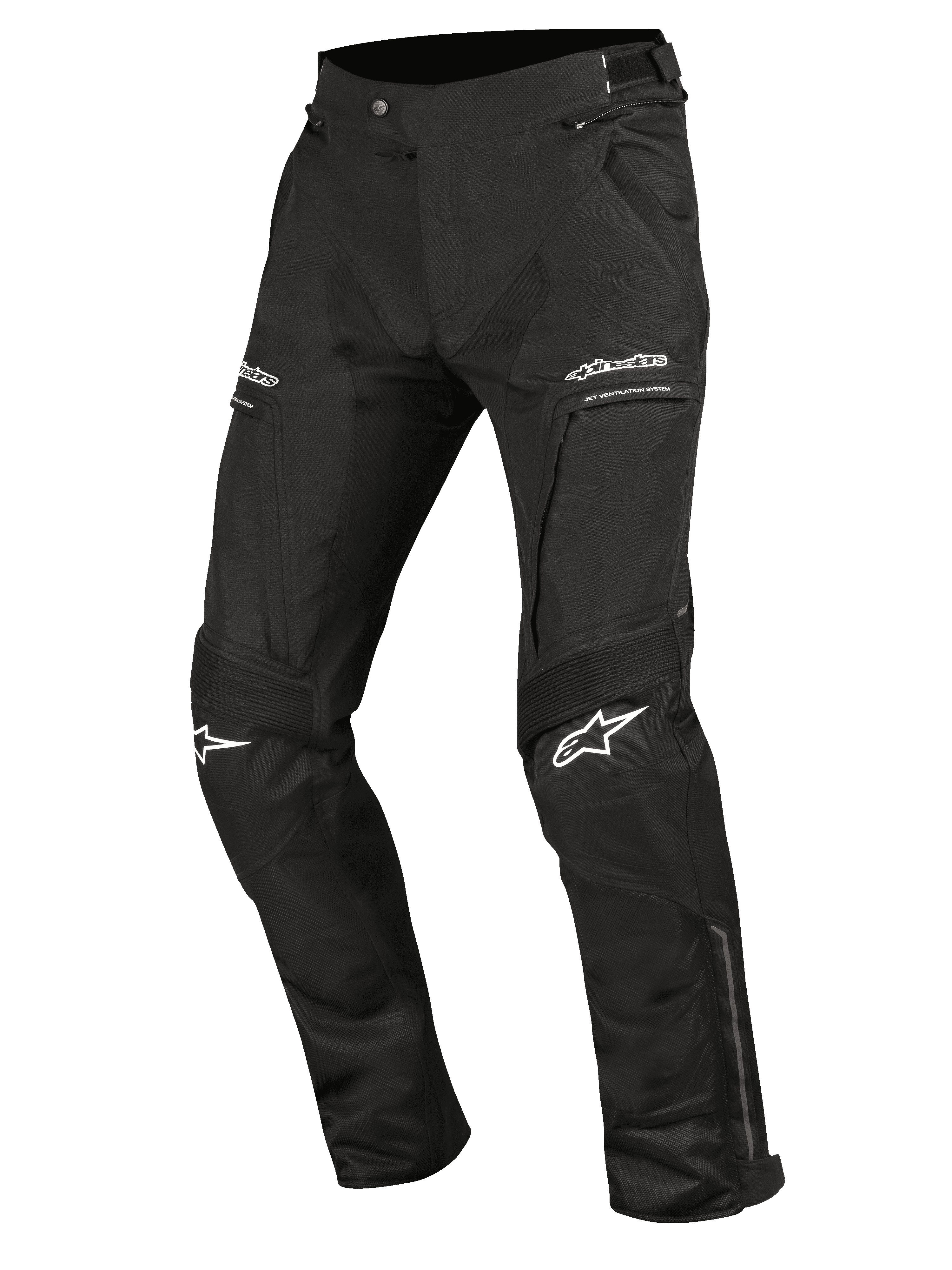 Alpinestars Ramjet Air Pants, pantalones de moto, negros, con paneles de ventilación de malla, inserciones de acordeón extensible en las rodillas, logotipos blancos en los muslos y las rodillas, bolsillos con cremallera y construcción textil duradera de múltiples paneles para touring de carretera