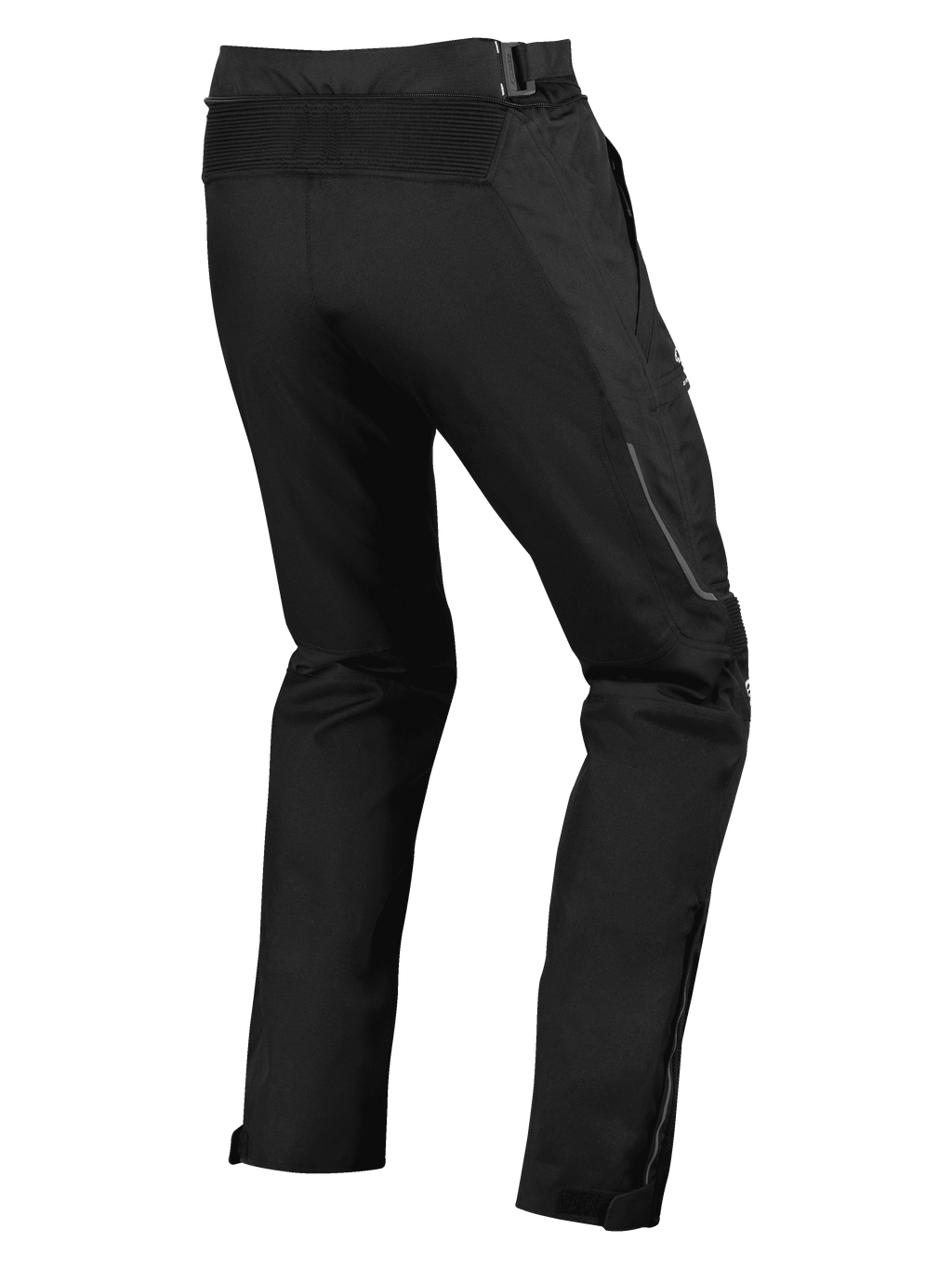 Pantalones Alpinestars Ramjet Air, pantalones de carretera para moto, negros, vista posterior con panel elástico de acordeón en la cintura, construcción textil de múltiples paneles y fuelles de pierna con cremallera para un ajuste seguro.