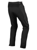 Pantalones Alpinestars Ramjet Air, pantalones de carretera para moto, negros, vista posterior con panel elástico de acordeón en la cintura, construcción textil de múltiples paneles y fuelles de pierna con cremallera para un ajuste seguro.
