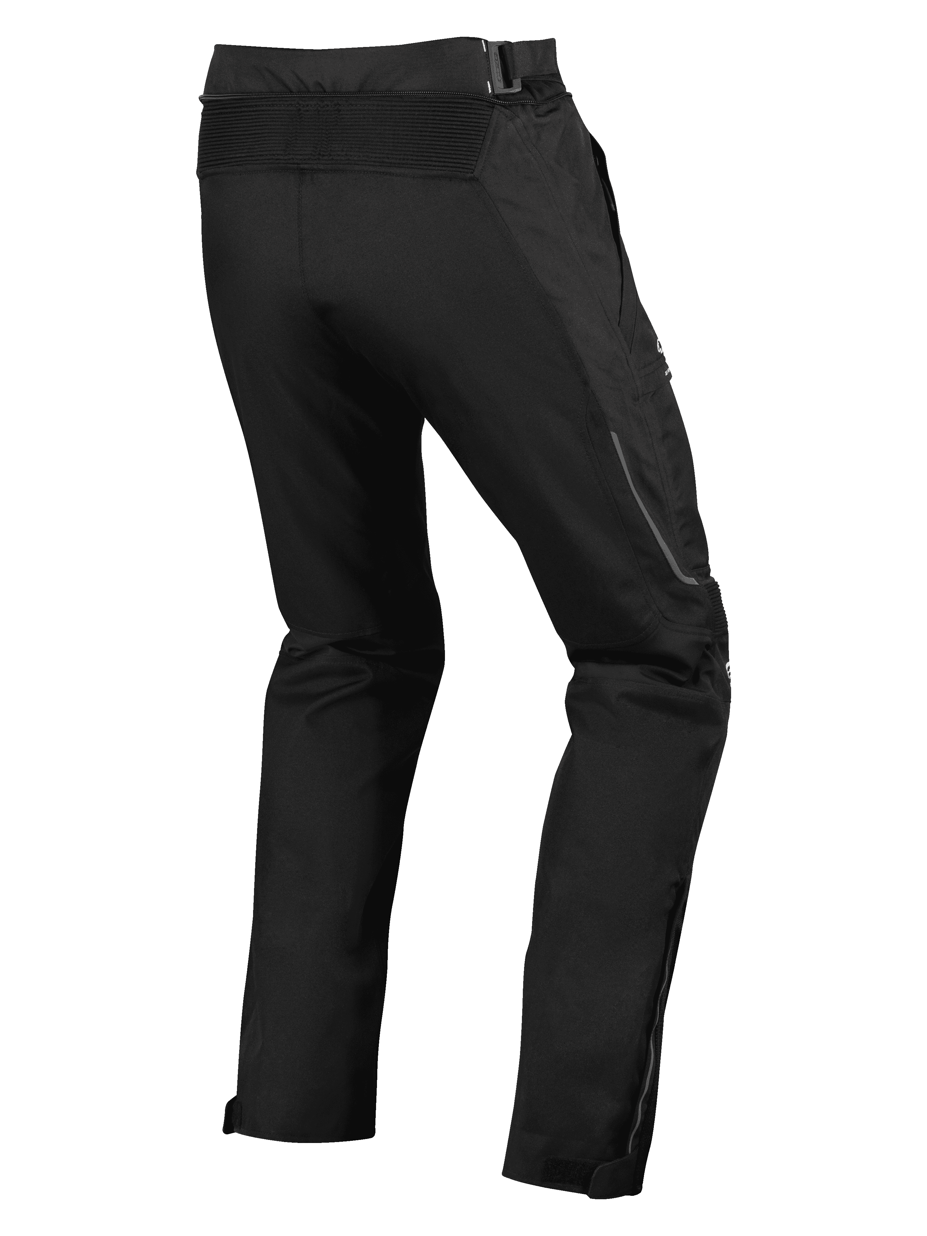 Pantalones Alpinestars Ramjet Air, pantalones de carretera para moto, negros, vista posterior con panel elástico de acordeón en la cintura, construcción textil de múltiples paneles y fuelles de pierna con cremallera para un ajuste seguro.