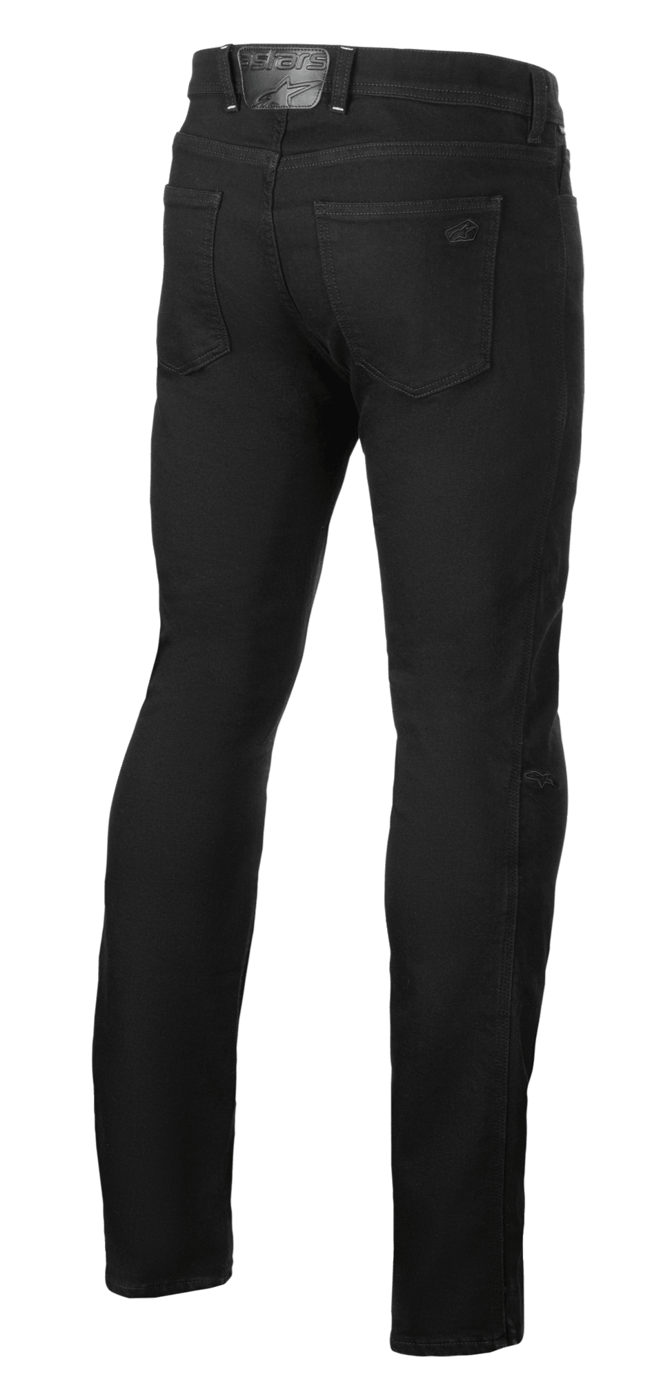 Alpinestars Cult-8 Stretch Denim Pants, Black Rinse, vista trasera de pantalones vaqueros para moto, corte regular de pernera recta, con bolsillos traseros y parche de cuero con logo grabado en la cintura, estilo urbano casual.
