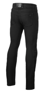 Alpinestars Cult-8 Stretch Denim Pants, Black Rinse, vista trasera de pantalones vaqueros para moto, corte regular de pernera recta, con bolsillos traseros y parche de cuero con logo grabado en la cintura, estilo urbano casual.