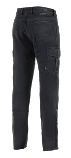 Alpinestars Barton Riding Cargo Pants, pantalones de moto negros, vista trasera que muestra el bolsillo cargo en el lateral, bolsillos traseros con detalle de logotipo en espiral, marca Oscar by Alpinestars en la cintura, tejido de punto de estilo denim informal.
