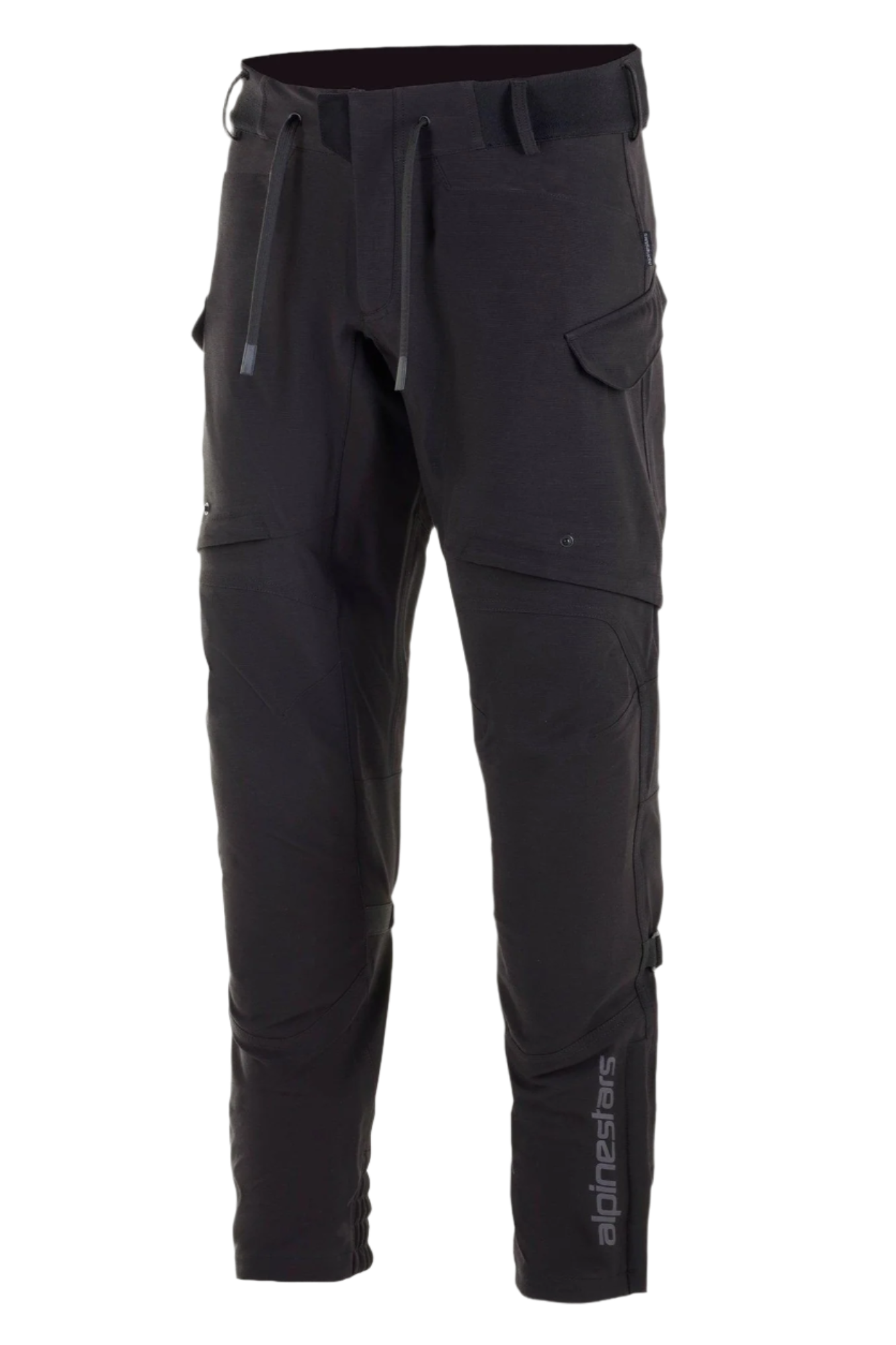 Pantalones Alpinestars Juggernaut Waterproof, pantalones de moto, negros, construcción softshell con membrana impermeable, aberturas de ventilación en los muslos, bolsillos cargo con cremallera, cintura elástica con cordones y puños en los tobillos, equipamiento para conducción urbana