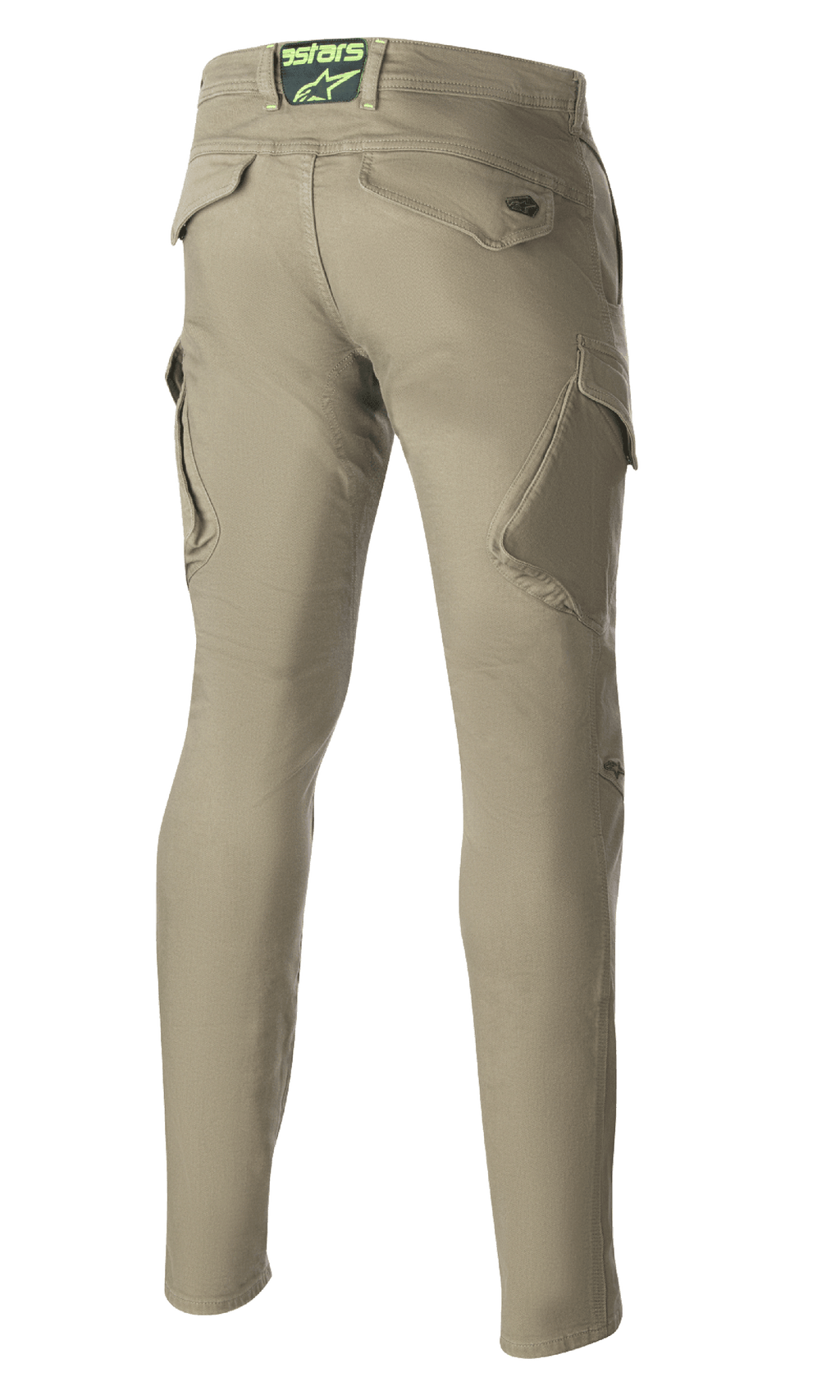 Alpinestars Caliber Slim Fit Tech Riding Pants, Verde Militar, vista trasera que muestra los bolsillos de carga en ángulo y una silueta entallada, presenta el logo Astars en la parte trasera de la cintura, pantalones de moto duraderos de estilo combate urbano