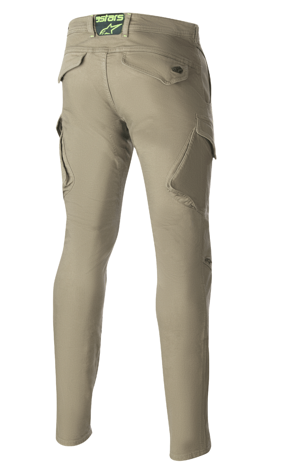 Alpinestars Caliber Slim Fit Tech Riding Pants, Verde Militar, vista trasera que muestra los bolsillos de carga en ángulo y una silueta entallada, presenta el logo Astars en la parte trasera de la cintura, pantalones de moto duraderos de estilo combate urbano