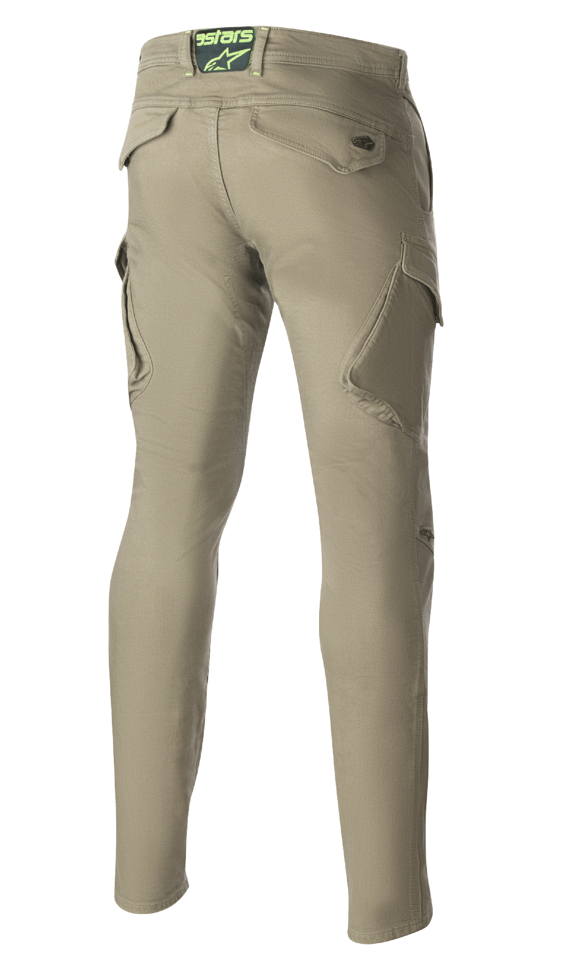 Alpinestars Caliber Slim Fit Tech Riding Pants, Verde Militar, vista trasera que muestra los bolsillos de carga en ángulo y una silueta entallada, presenta el logo Astars en la parte trasera de la cintura, pantalones de moto duraderos de estilo combate urbano