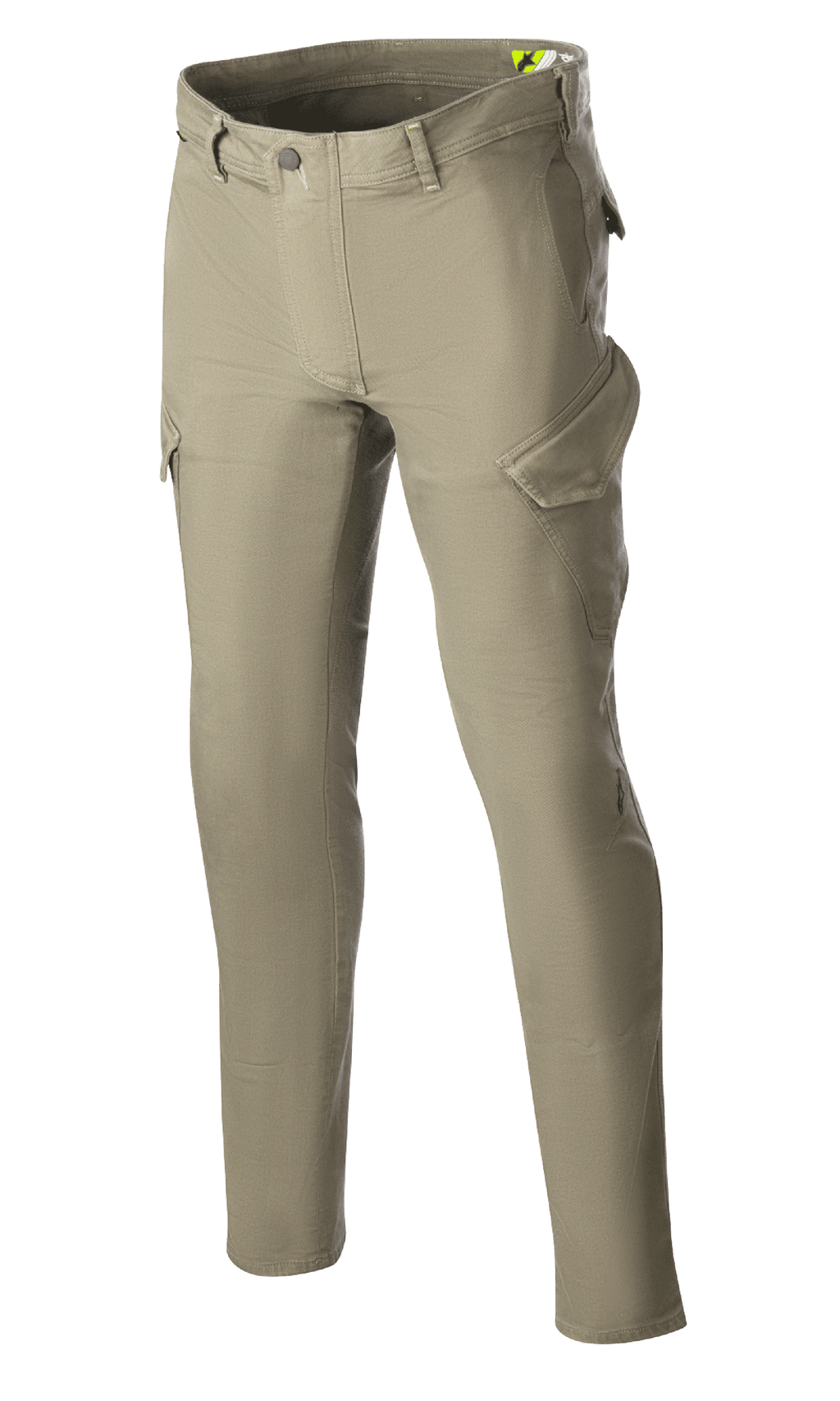 Alpinestars Caliber Slim Fit Tech Riding Pants, pantalones de moto, verde militar, silueta de ajuste delgado con bolsillos cargo estilo combate, tejido de denim Cordura elástico, pasadores para cinturón y diseño funcional para conducción urbana y en carretera