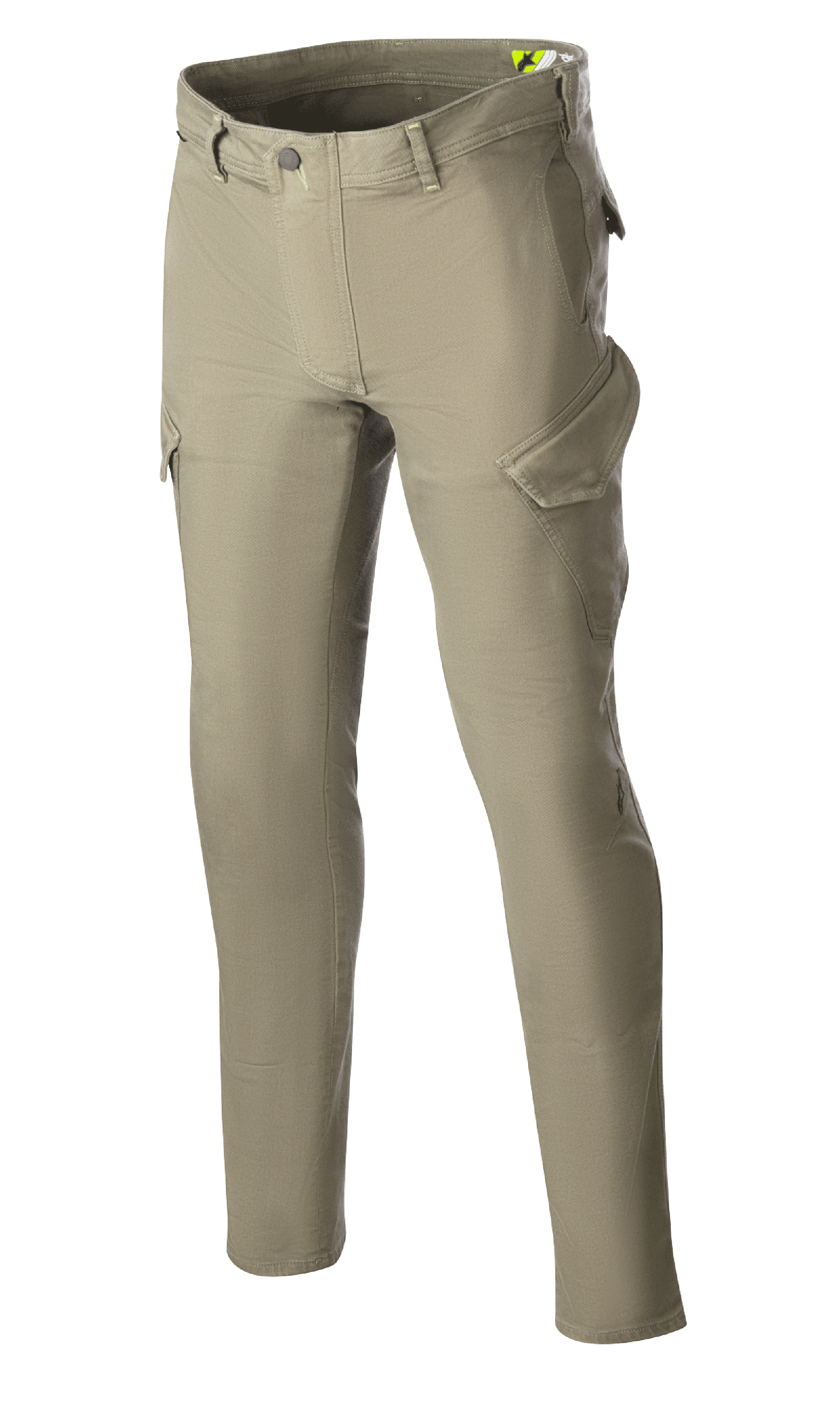 Alpinestars Caliber Slim Fit Tech Riding Pants, pantalones de moto, verde militar, silueta de ajuste delgado con bolsillos cargo estilo combate, tejido de denim Cordura elástico, pasadores para cinturón y diseño funcional para conducción urbana y en carretera