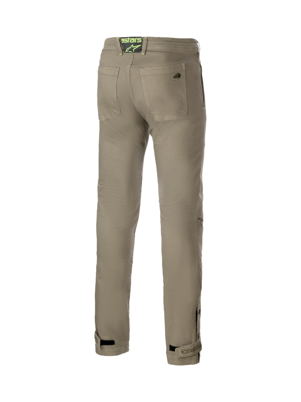 Alpinestars Stratos Regular Fit Tech, pantalones de moto urbanos para hombre, verde militar, vista trasera en denim Cordura, estilo jogger con rodillas articuladas