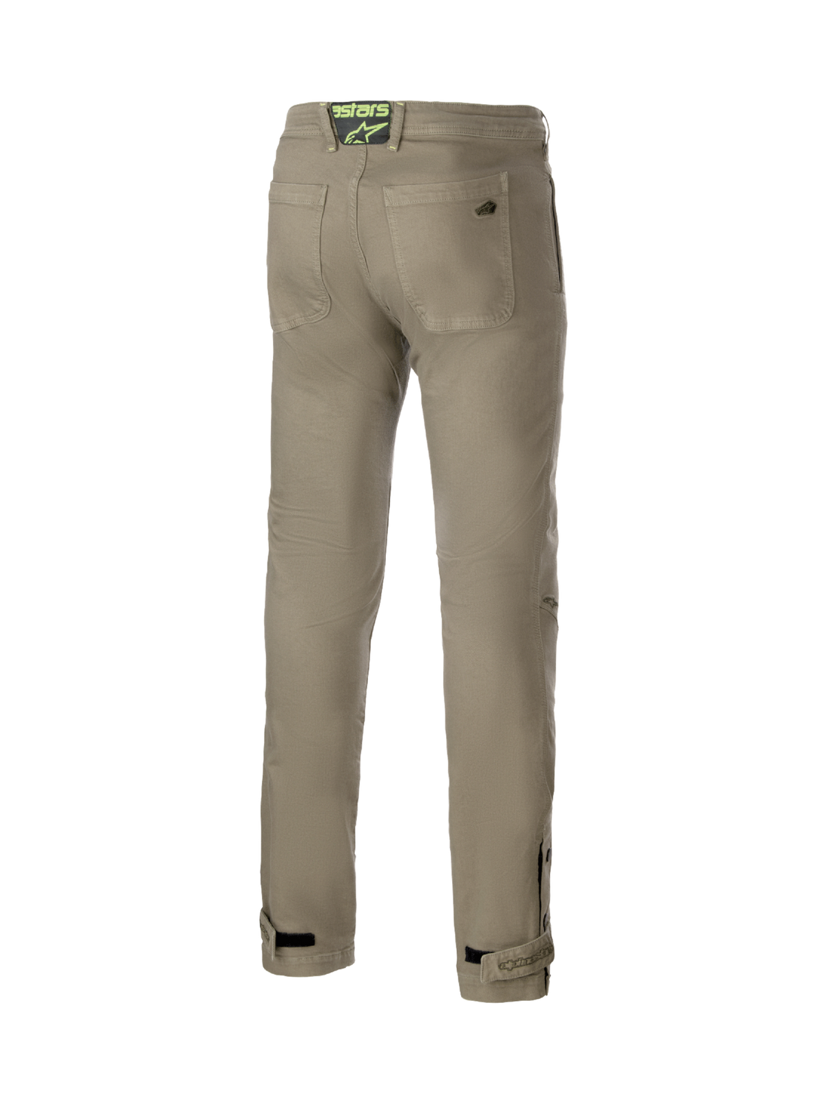 Alpinestars Stratos Regular Fit Tech, pantalones de moto urbanos para hombre, verde militar, vista trasera en denim Cordura, estilo jogger con rodillas articuladas