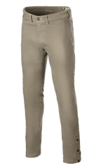 Alpinestars Stratos Regular Fit Tech Riding Pants, Motorcycle Riding Pants, Military Green, featuring a tapered design, button and zip closure, belt loops, and adjustable buttons at the ankle