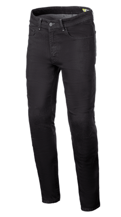 Alpinestars Radium V2 Denim Pants, pantalones vaqueros para moto, Black Rinse, con pernera cónica regular, diseño de cinco bolsillos, trabillas para cinturón, cierre de botón y cremallera, tejido vaquero oscuro