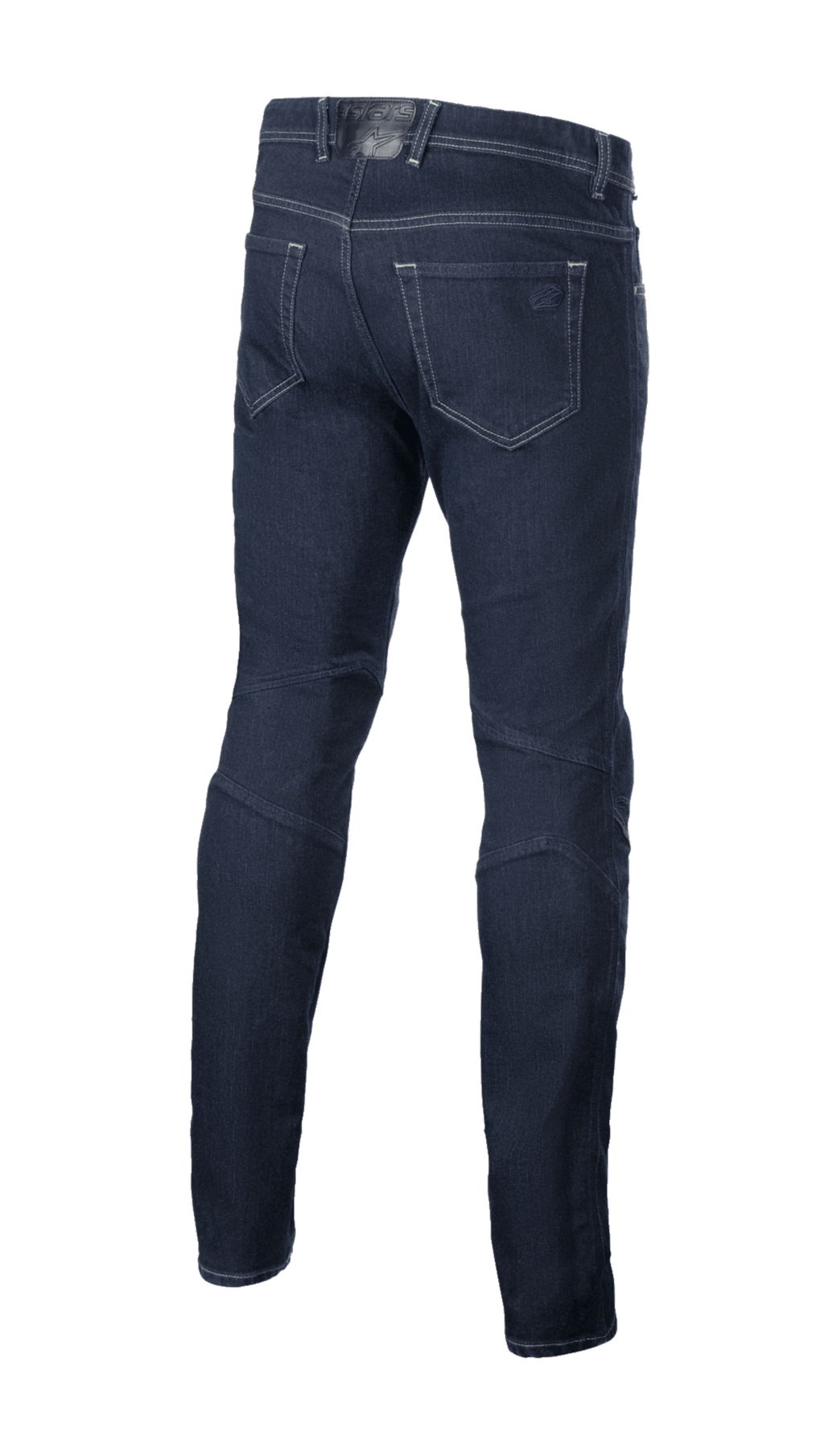 Pantalones Alpinestars Radium V2 Denim, vaqueros urbanos para moto, Rinse Blue, vista trasera con diseño de cinco bolsillos, pernera cónica y material de denim oscuro con costuras en contraste