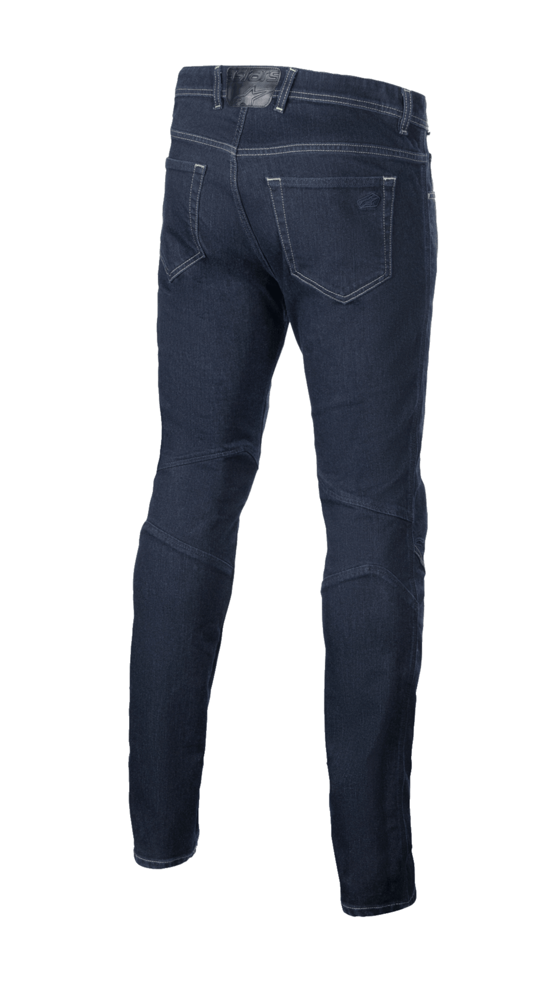 Pantalones Alpinestars Radium V2 Denim, vaqueros urbanos para moto, Rinse Blue, vista trasera con diseño de cinco bolsillos, pernera cónica y material de denim oscuro con costuras en contraste