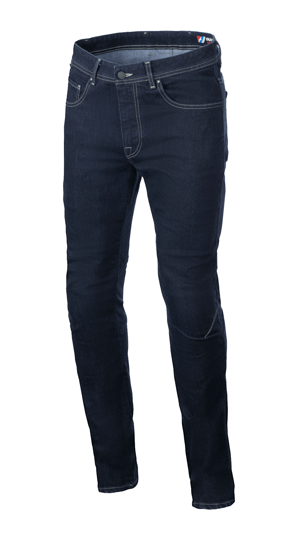 Alpinestars Radium V2 Denim Pants, pantalones vaqueros de moto, azul Rinse Blue, corte cónico regular, diseño clásico de cinco bolsillos, costuras de contraste ligero, confección en denim Cordura elástico duradero.