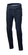 Alpinestars Radium V2 Denim Pants, pantalones vaqueros de moto, azul Rinse Blue, corte cónico regular, diseño clásico de cinco bolsillos, costuras de contraste ligero, confección en denim Cordura elástico duradero.