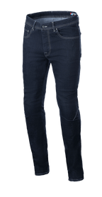 Alpinestars Radium V2 Denim Pants, pantalones vaqueros de moto, azul Rinse Blue, corte cónico regular, diseño clásico de cinco bolsillos, costuras de contraste ligero, confección en denim Cordura elástico duradero.