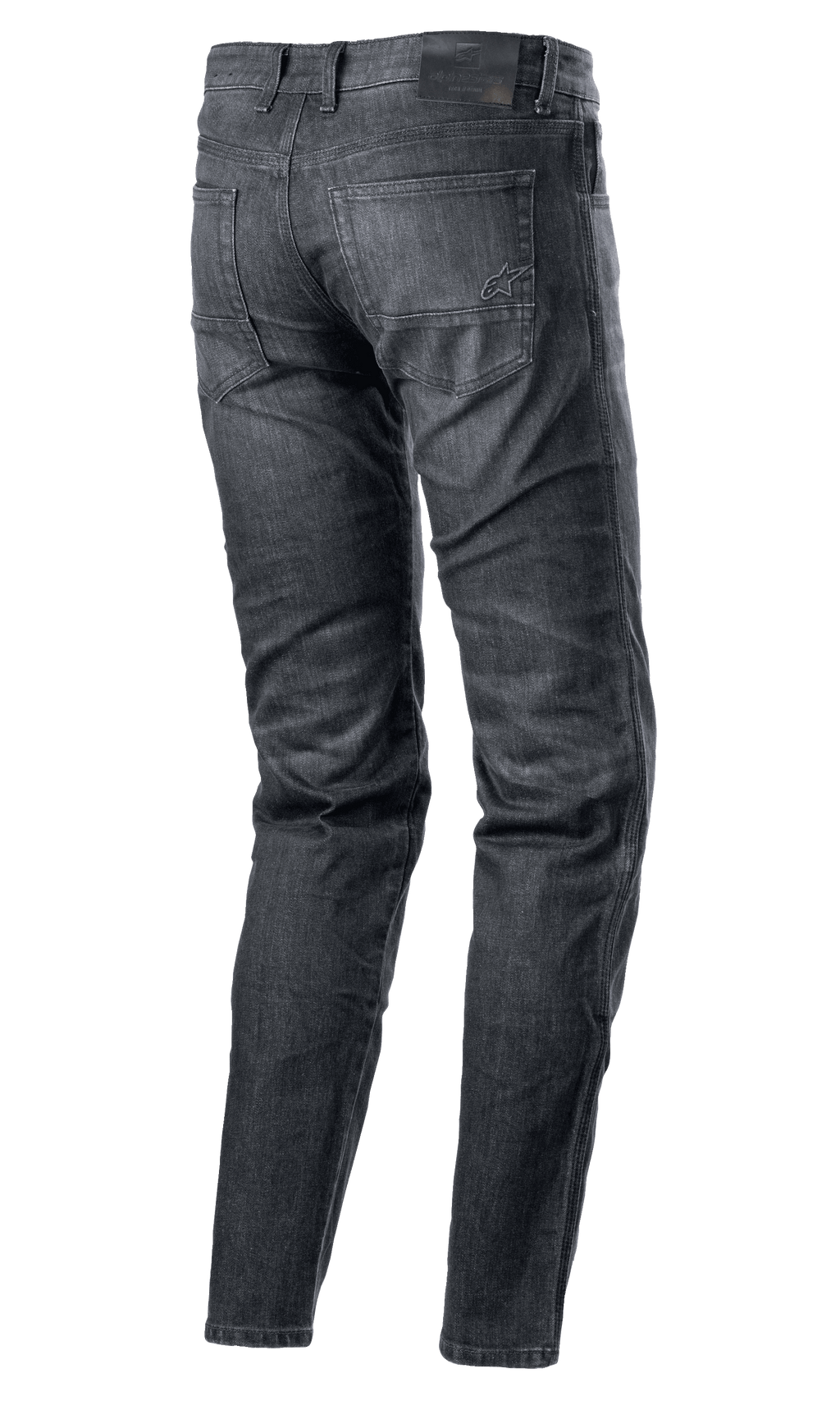 Alpinestars Sektor Regular Fit Denim Pants, vaqueros de moto, negro lavado, vista trasera que muestra el diseño de cinco bolsillos, logotipo bordado en el bolsillo trasero, parche de cuero negro en la cintura, pierna cónica, equipamiento técnico de conducción urbana