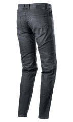 Alpinestars Sektor Regular Fit Denim Pants, vaqueros de moto, negro lavado, vista trasera que muestra el diseño de cinco bolsillos, logotipo bordado en el bolsillo trasero, parche de cuero negro en la cintura, pierna cónica, equipamiento técnico de conducción urbana