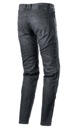 Alpinestars Sektor Regular Fit Denim Pants, Motorcycle Riding Jeans, Black Washed, rear view showing five-pocket design, stitched logo on back pocket, black leather waistband patch, tapered leg, urban technical riding gear