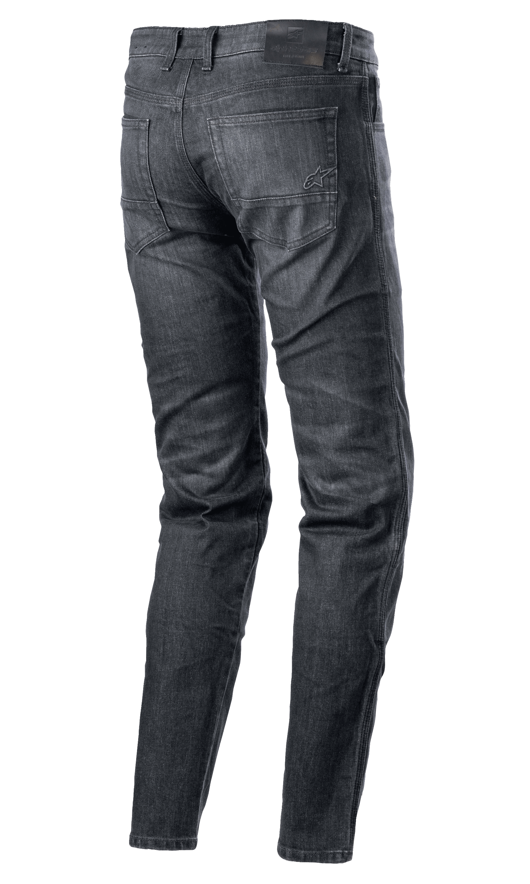 Alpinestars Sektor Regular Fit Denim Pants, vaqueros de moto, negro lavado, vista trasera que muestra el diseño de cinco bolsillos, logotipo bordado en el bolsillo trasero, parche de cuero negro en la cintura, pierna cónica, equipamiento técnico de conducción urbana