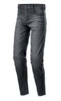 Alpinestars Sektor Regular Fit Denim Pants, pantalones vaqueros de moto en negro lavado, corte cónico casual, diseño de cinco bolsillos con trabillas para cinturón, textura de mezclilla desgastada con costuras reforzadas, ropa técnica para conducción urbana