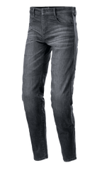 Alpinestars Sektor Regular Fit Denim Pants, pantalones vaqueros de moto en negro lavado, corte cónico casual, diseño de cinco bolsillos con trabillas para cinturón, textura de mezclilla desgastada con costuras reforzadas, ropa técnica para conducción urbana