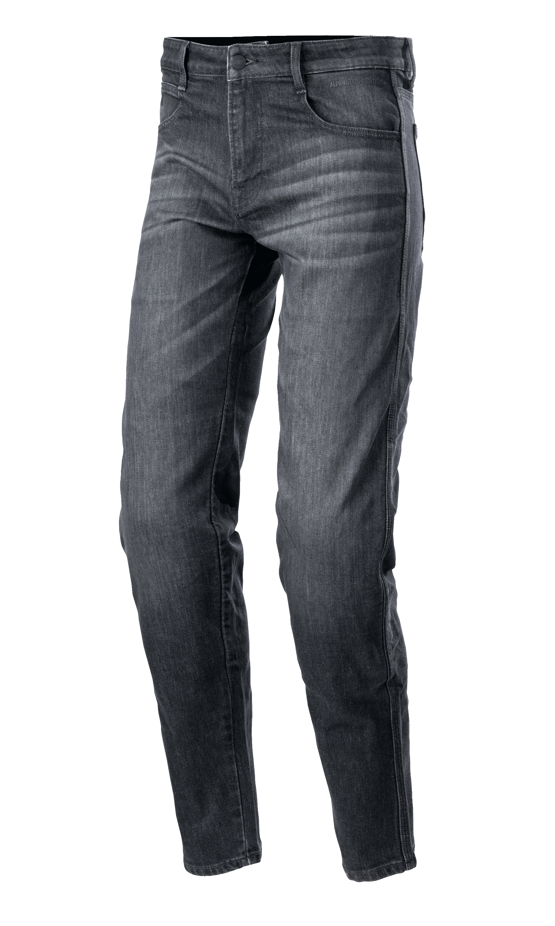 Alpinestars Sektor Regular Fit Denim Pants, pantalones vaqueros de moto en negro lavado, corte cónico casual, diseño de cinco bolsillos con trabillas para cinturón, textura de mezclilla desgastada con costuras reforzadas, ropa técnica para conducción urbana