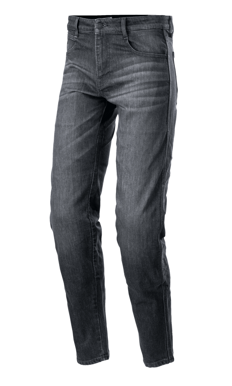 Alpinestars Sektor Regular Fit Denim Pants, Black Washed Motorcycle Jeans, Casual Tapered Fit, Five-Pocket Design with Belt Loops, Faded Denim Texture with Reinforced Seams, Urban Riding Apparel