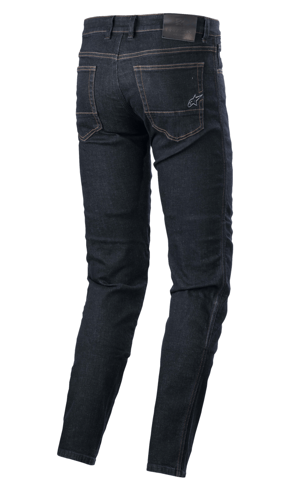 Alpinestars Sektor Regular Fit Denim, pantalones técnicos para moto, Azul Enjuague, vista trasera con bolsillos posteriores con logo de estrella bordado, parche de cuero en la cintura y costuras triples, equipamiento urbano para motociclista