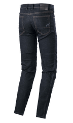 Alpinestars Sektor Regular Fit Denim, pantalones técnicos para moto, Azul Enjuague, vista trasera con bolsillos posteriores con logo de estrella bordado, parche de cuero en la cintura y costuras triples, equipamiento urbano para motociclista