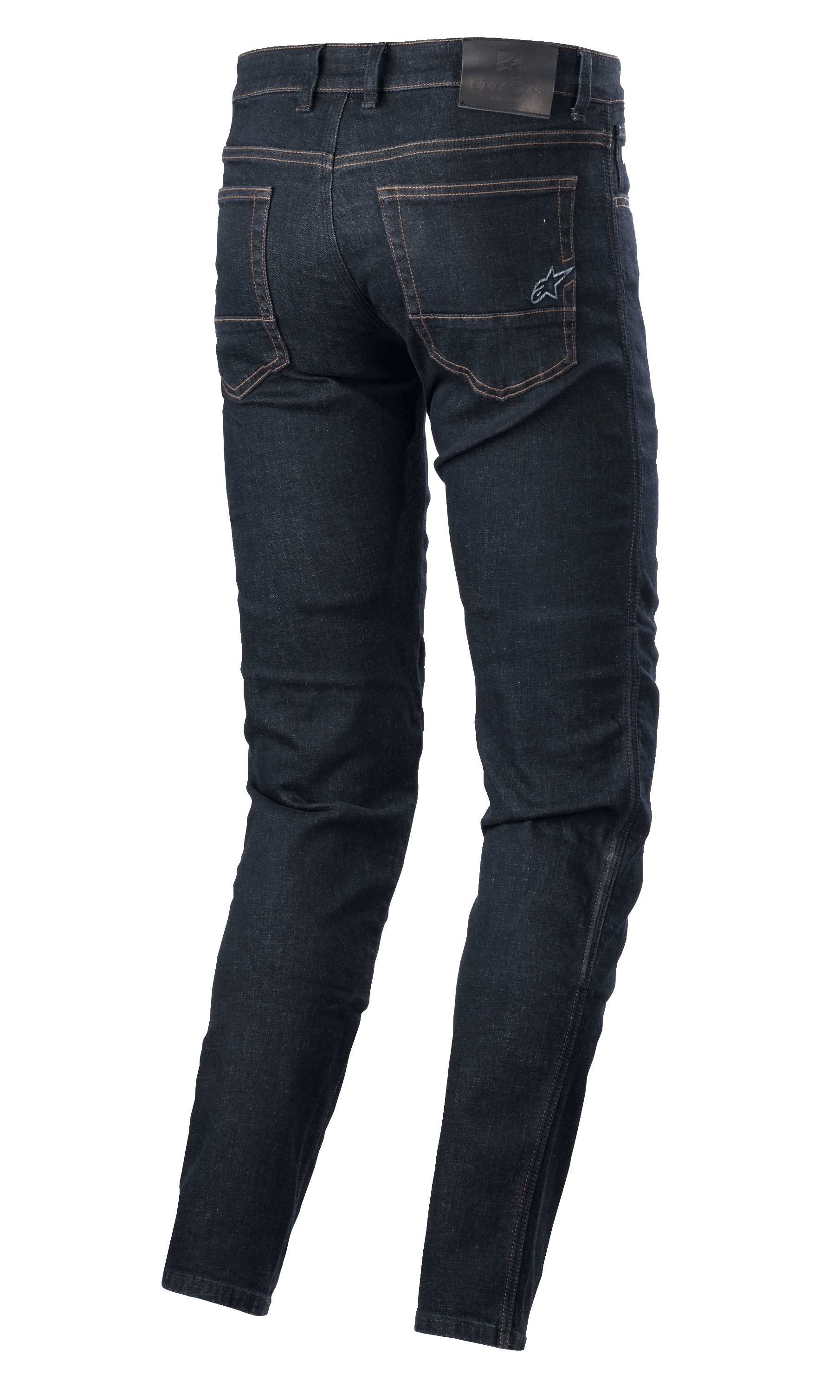 Alpinestars Sektor Regular Fit Denim, pantalones técnicos para moto, Azul Enjuague, vista trasera con bolsillos posteriores con logo de estrella bordado, parche de cuero en la cintura y costuras triples, equipamiento urbano para motociclista