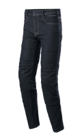 Alpinestars Sektor Regular Fit Denim, pantalones de moto azul oscuro, pierna cónica con costuras en contraste, diseño de cinco bolsillos con trabillas y cierre de botón, tejido denim elástico, estilo de conducción urbana