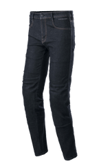 Alpinestars Sektor Regular Fit Denim, pantalones de moto azul oscuro, pierna cónica con costuras en contraste, diseño de cinco bolsillos con trabillas y cierre de botón, tejido denim elástico, estilo de conducción urbana